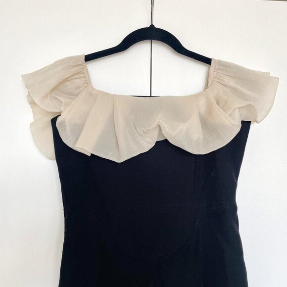 Vintage | Off Shoulder Cream Muslin Drape Black Midi Cocktail Dress | Size M - Picture 5 of 8
